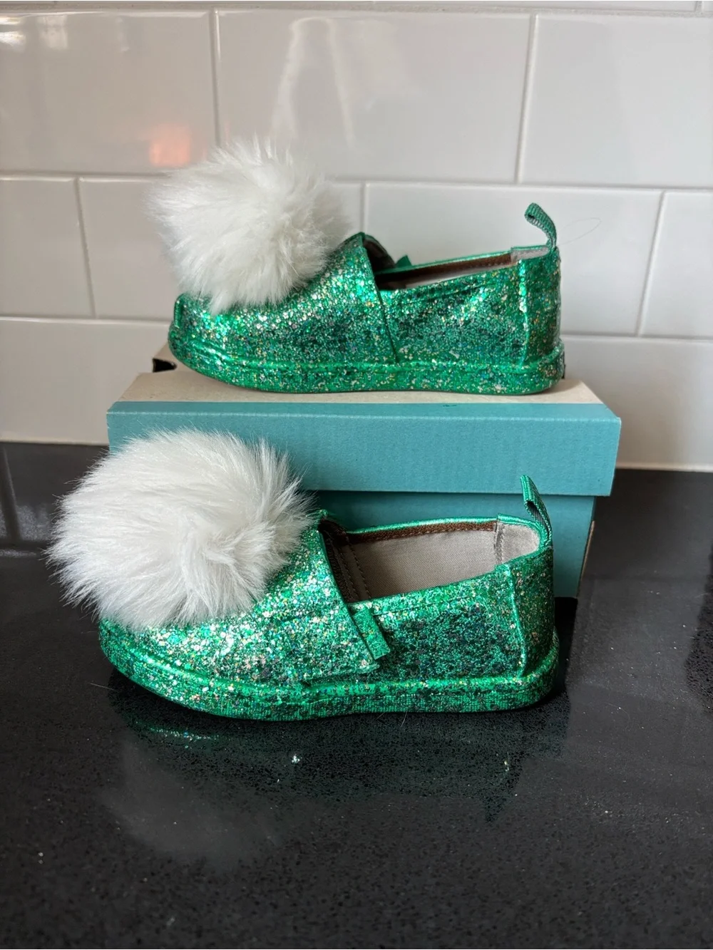 Toms Kids Green Glitter Slip-On Moccasins with White Pom
